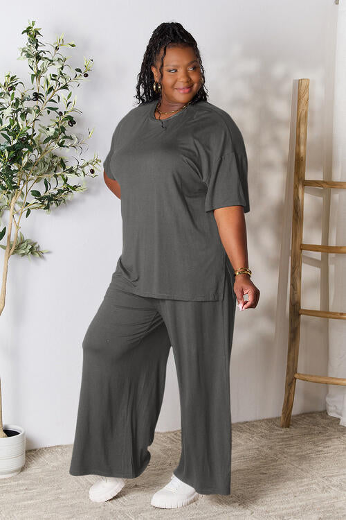 Double Take Full Size Round Neck Slit Top and Pants Set - Concordia Style Boutique