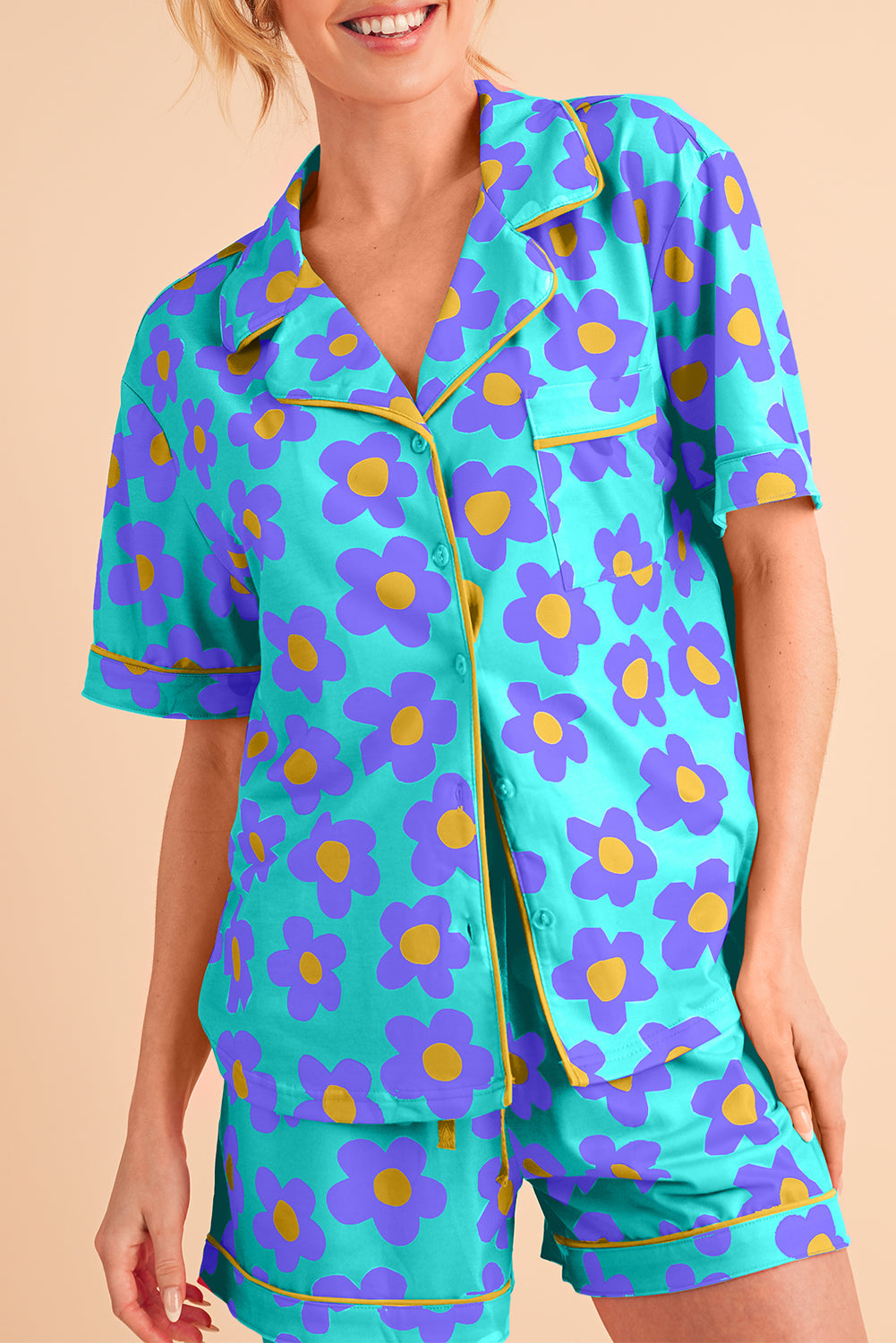 Luxury Flower Print Buttoned Shirt And Drawstring Waist Pajama Set - Concordia Style Boutique