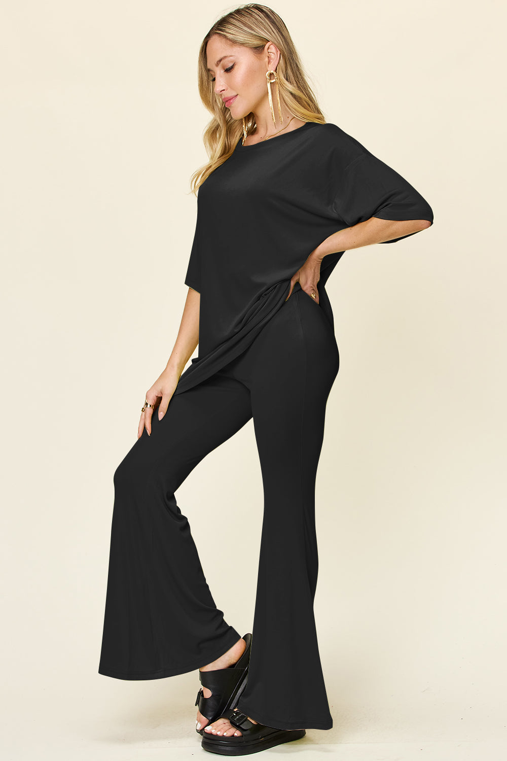 Double Take Full Size Round Neck Drop Shoulder T-Shirt and Flare Pants Set - Concordia Style Boutique