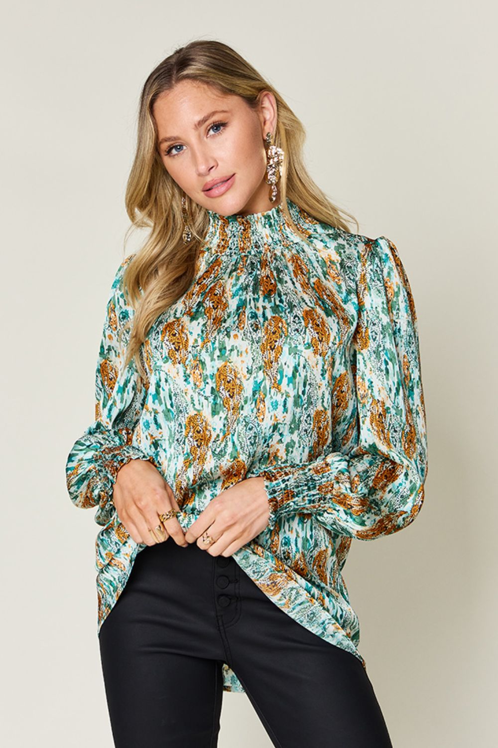 Double Take Full Size Printed Smocked Long Sleeve Blouse - Concordia Style Boutique