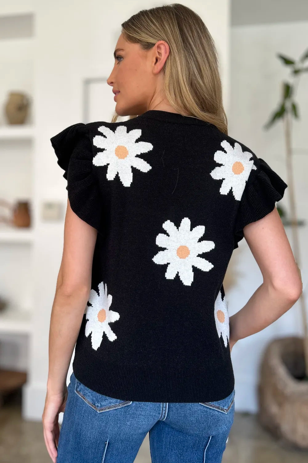 Double Take Full Size Ruffled Flower Round Neck Cap Sleeve Sweater - Concordia Style Boutique