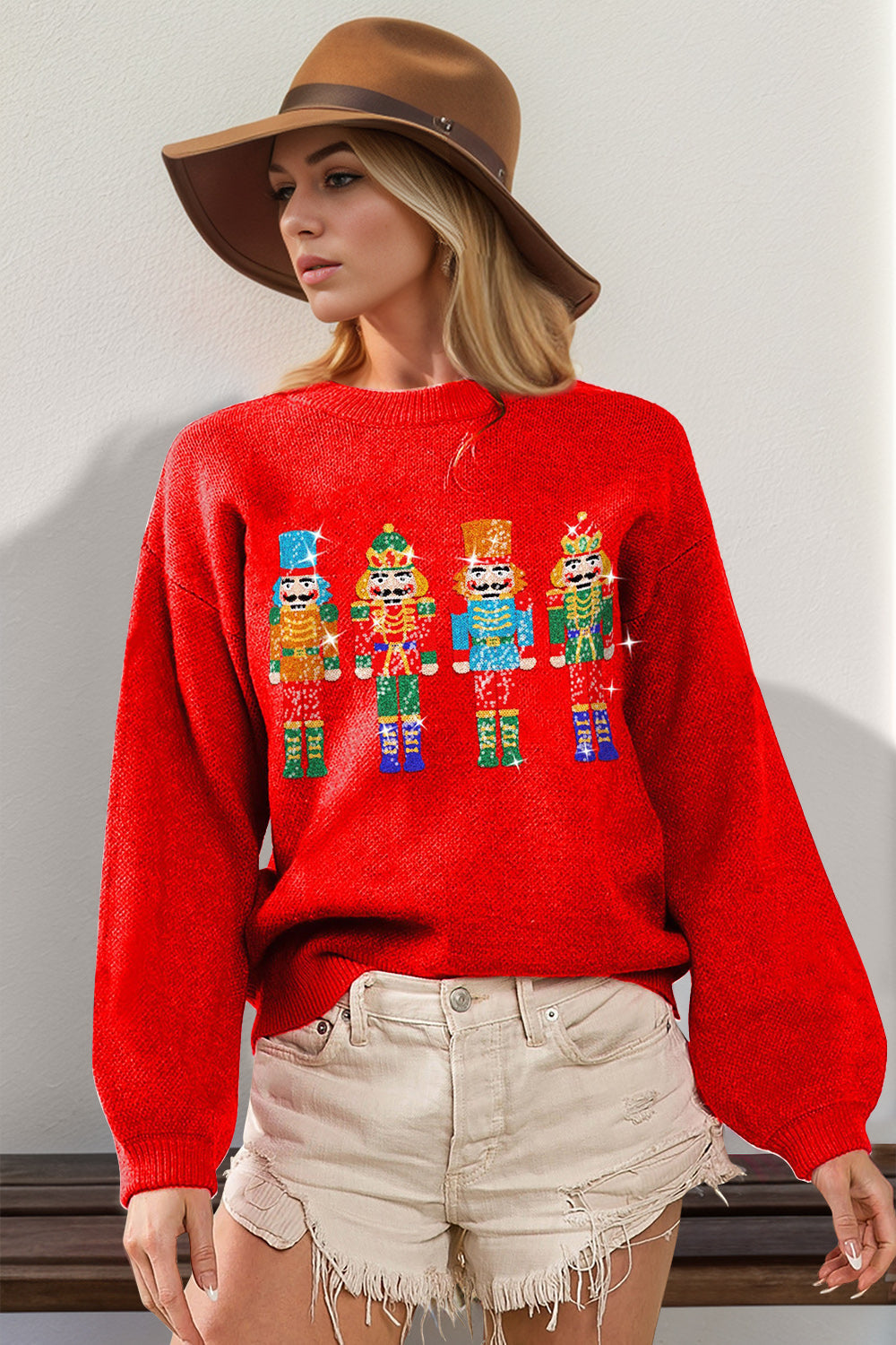 Double Take Full Size Sequin Nutcracker Long Sleeve Sweater - Concordia Style Boutique