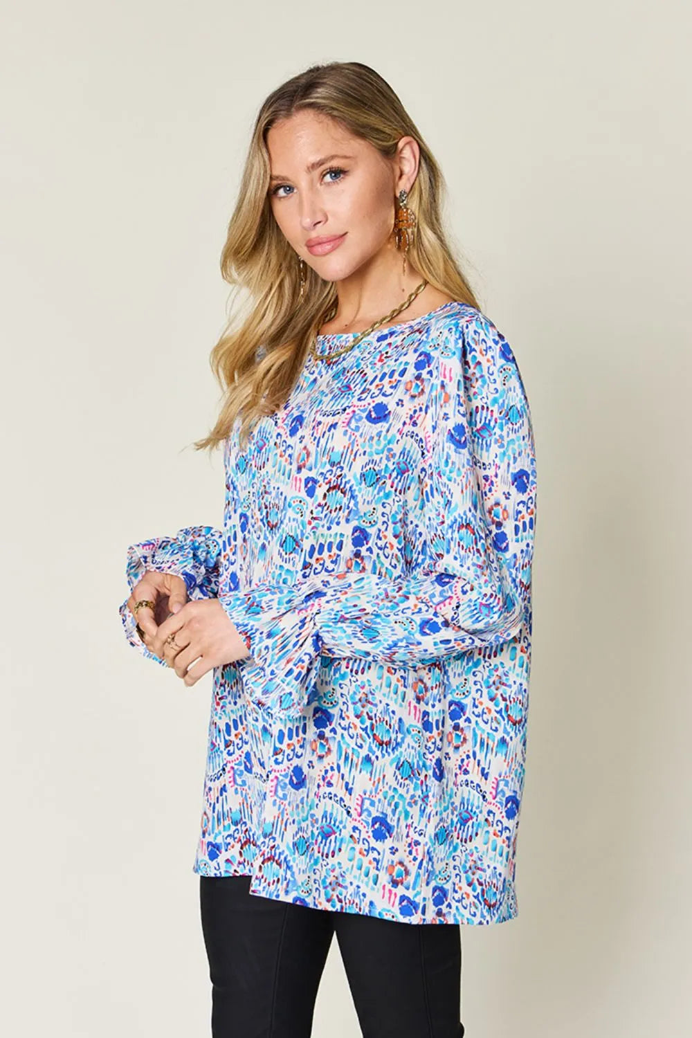 Double Take Full Size Printed Flounce Sleeve Blouse - Concordia Style Boutique
