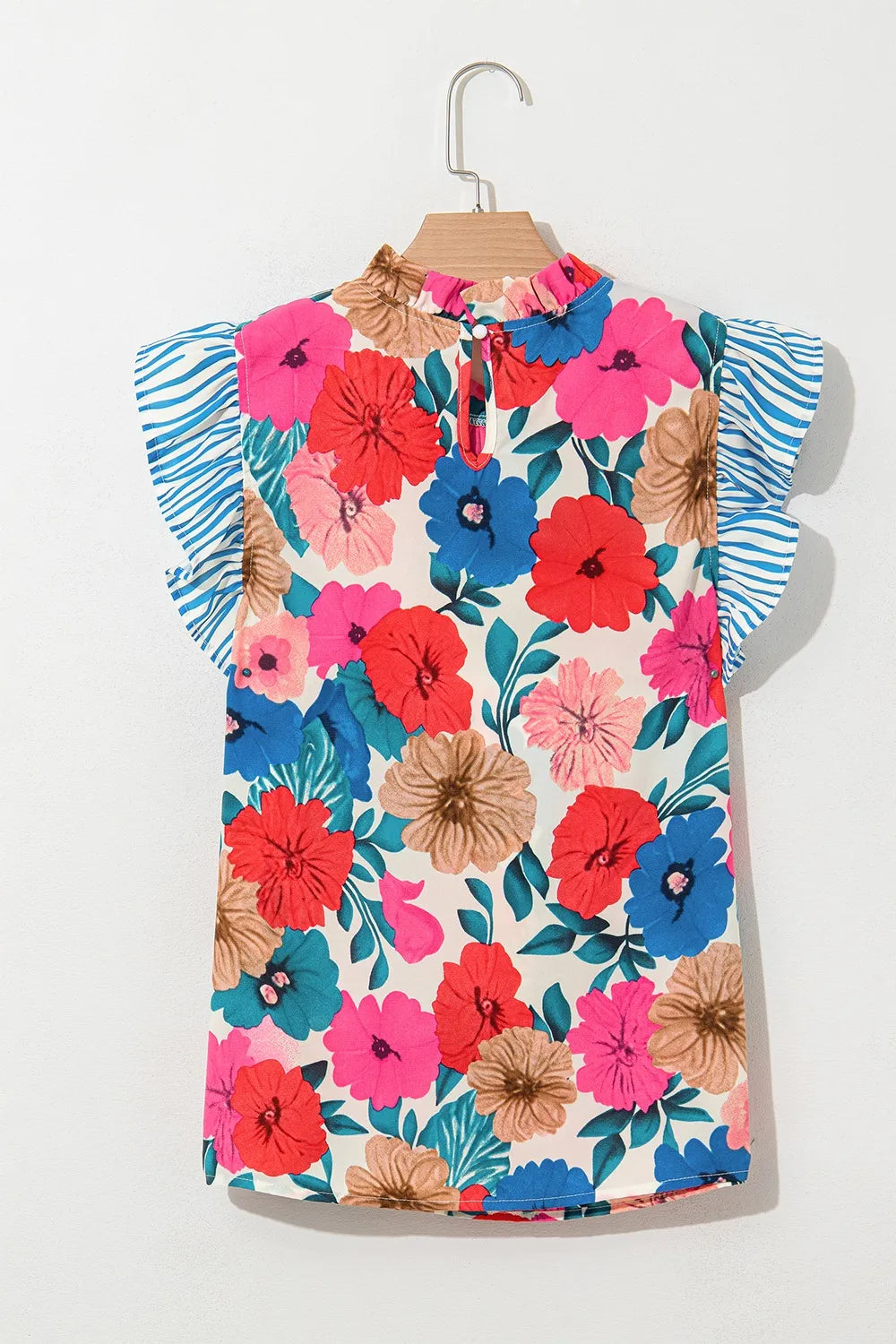 Floral Mock Neck Striped Cap Sleeve Blouse - Concordia Style Boutique