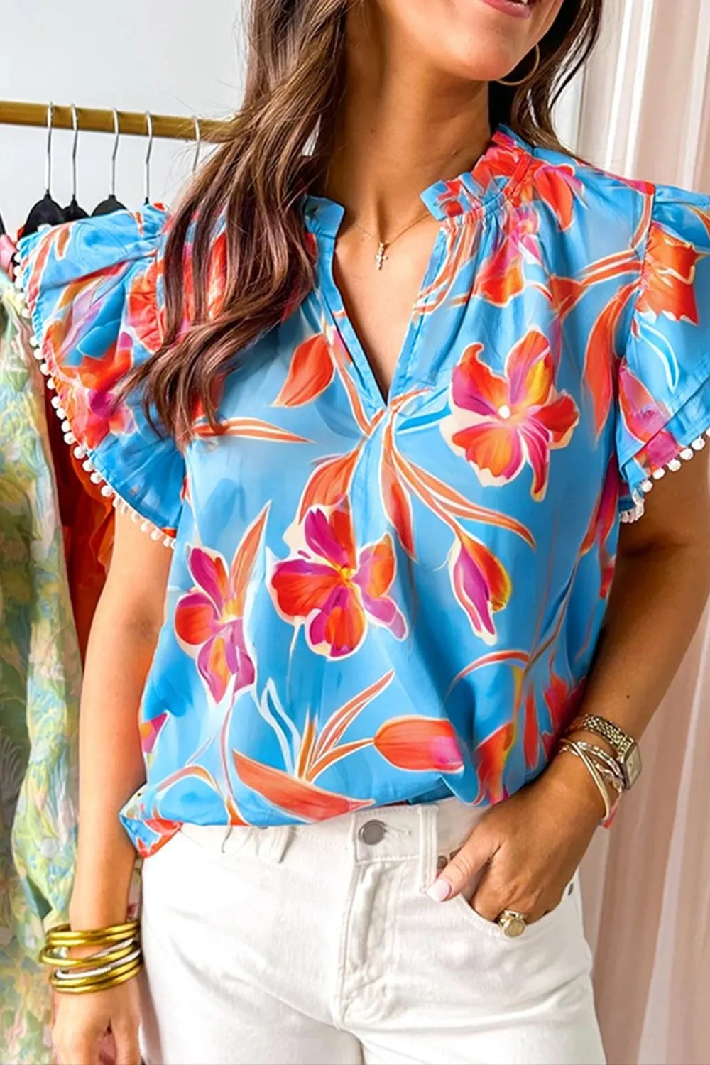 Floral Print Notched Pompom Trim Flutter Sleeve Blouse - Concordia Style Boutique