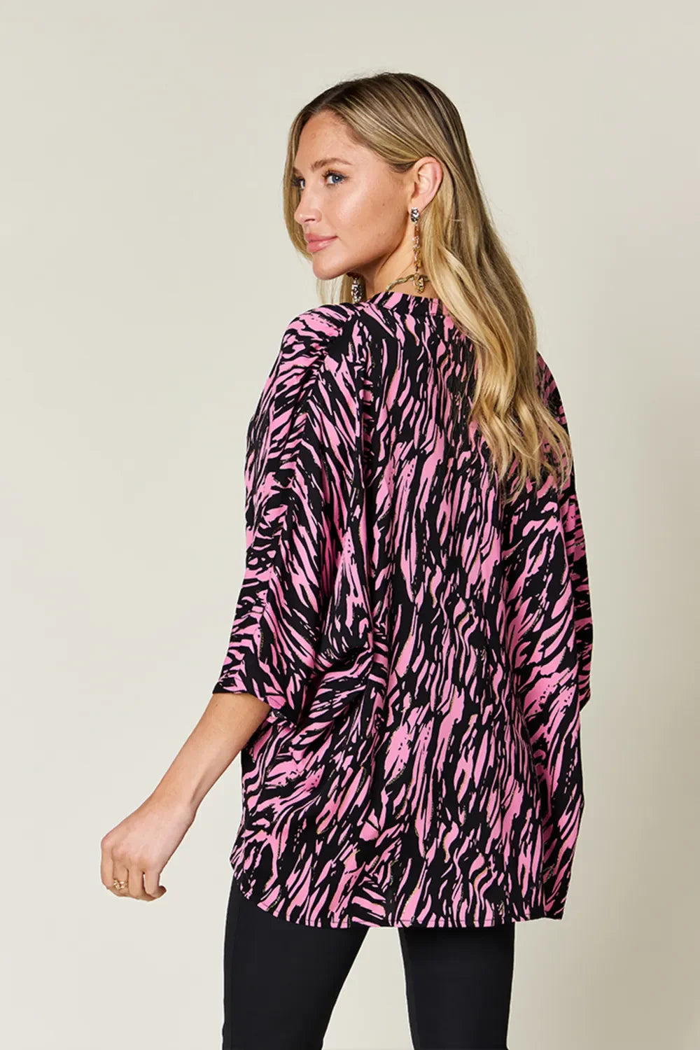 Double Take Full Size Printed Notched Three-Quarter Sleeve Blouse - Concordia Style Boutique