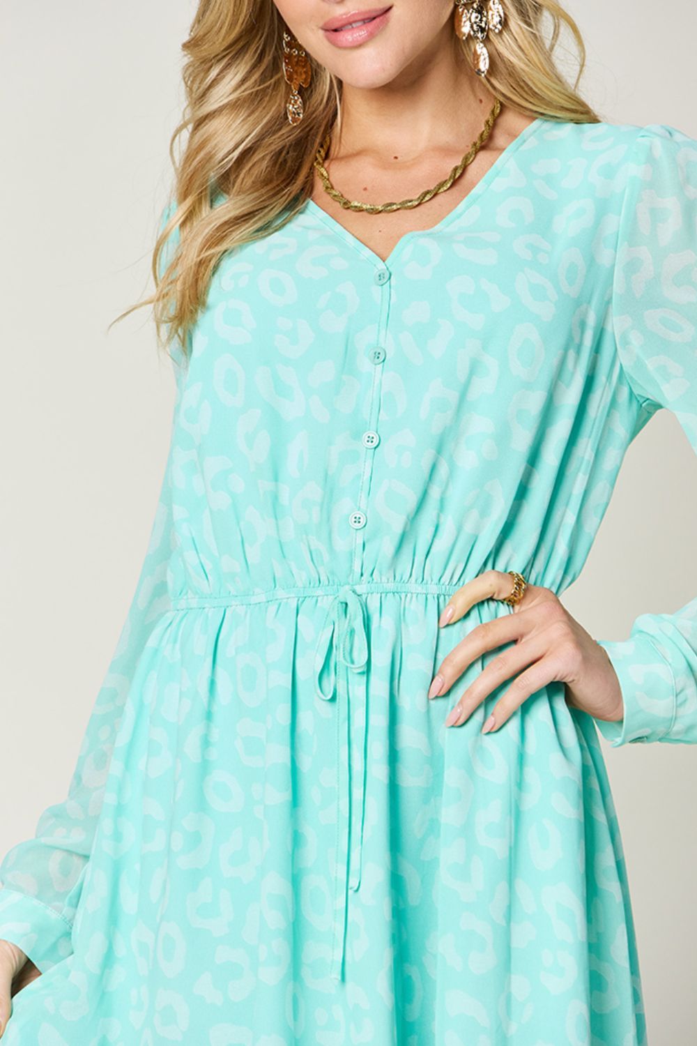 Double Take Full Size Printed Ruched V-Neck Long Sleeve Dress - Concordia Style Boutique