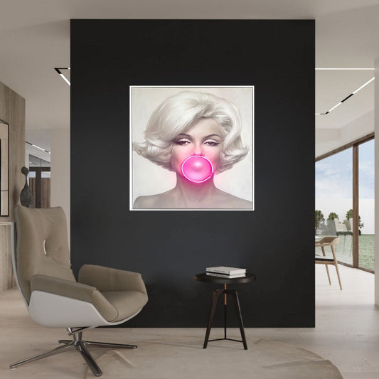 Marilyn Monroe Bubble Gum LED Wall Art – Pink LED Canvas with Bubble Accent