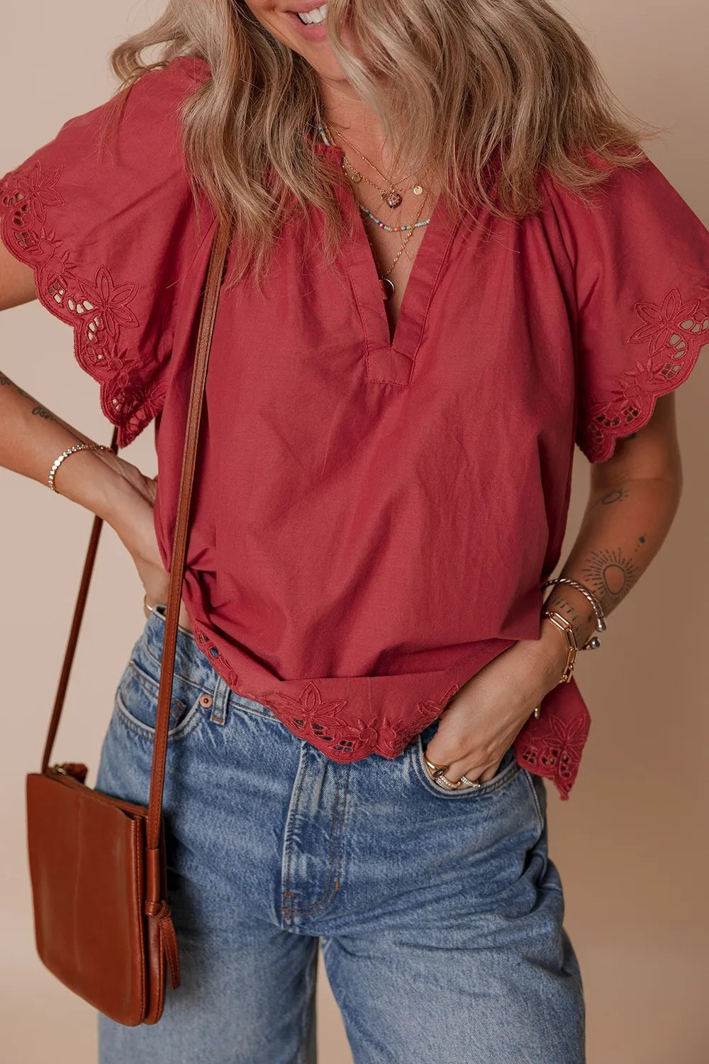 Floral Embroidered Scallop Trim Short Sleeve Notched Blouse - Concordia Style Boutique