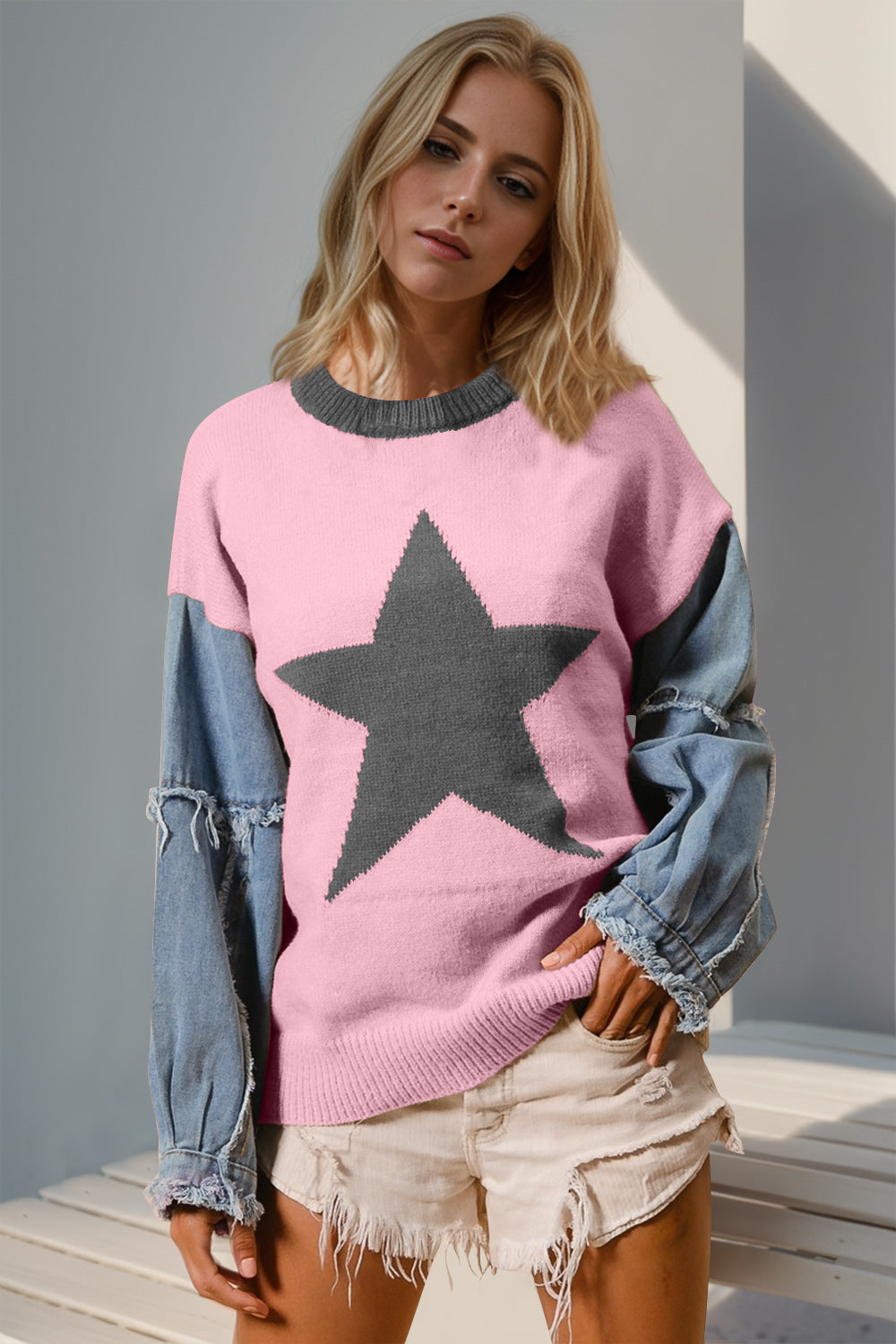 Double Take Full Size Star Pattern Raw Edge Long Sleeve Sweater - Concordia Style Boutique