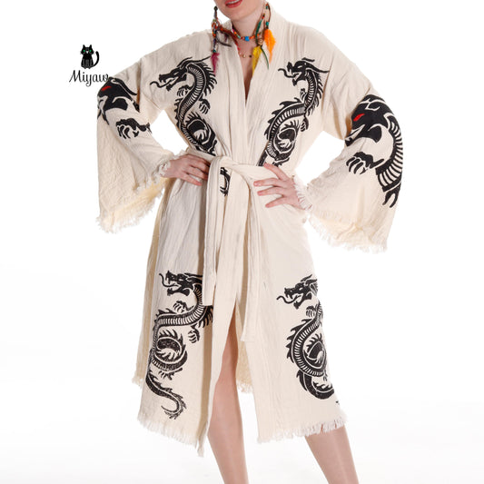 Boho Cotton Bath Robe – Organic Cotton Kimono Robe for Women, Dragon Gown & Beach Cover Ups