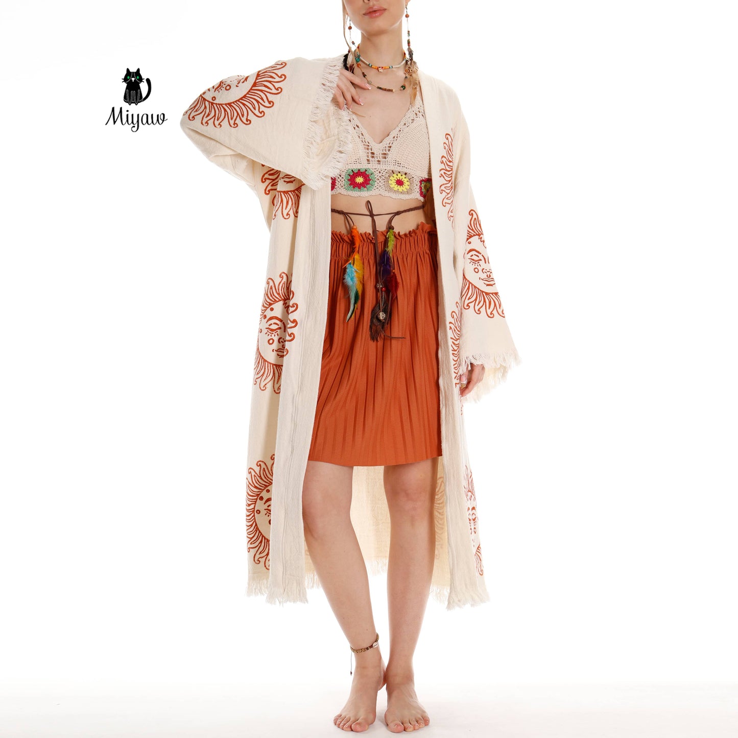 Unique Sun Stamped Robe: Eco-Friendly Organic Cotton Boho Kimono