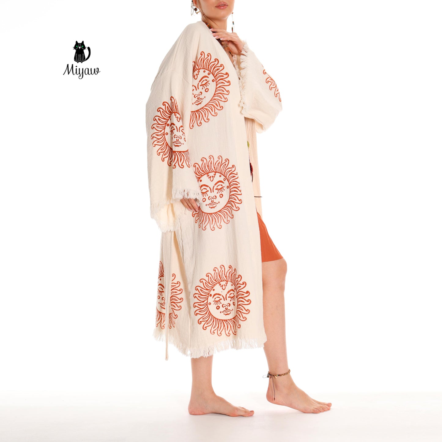 Unique Sun Stamped Robe: Eco-Friendly Organic Cotton Boho Kimono