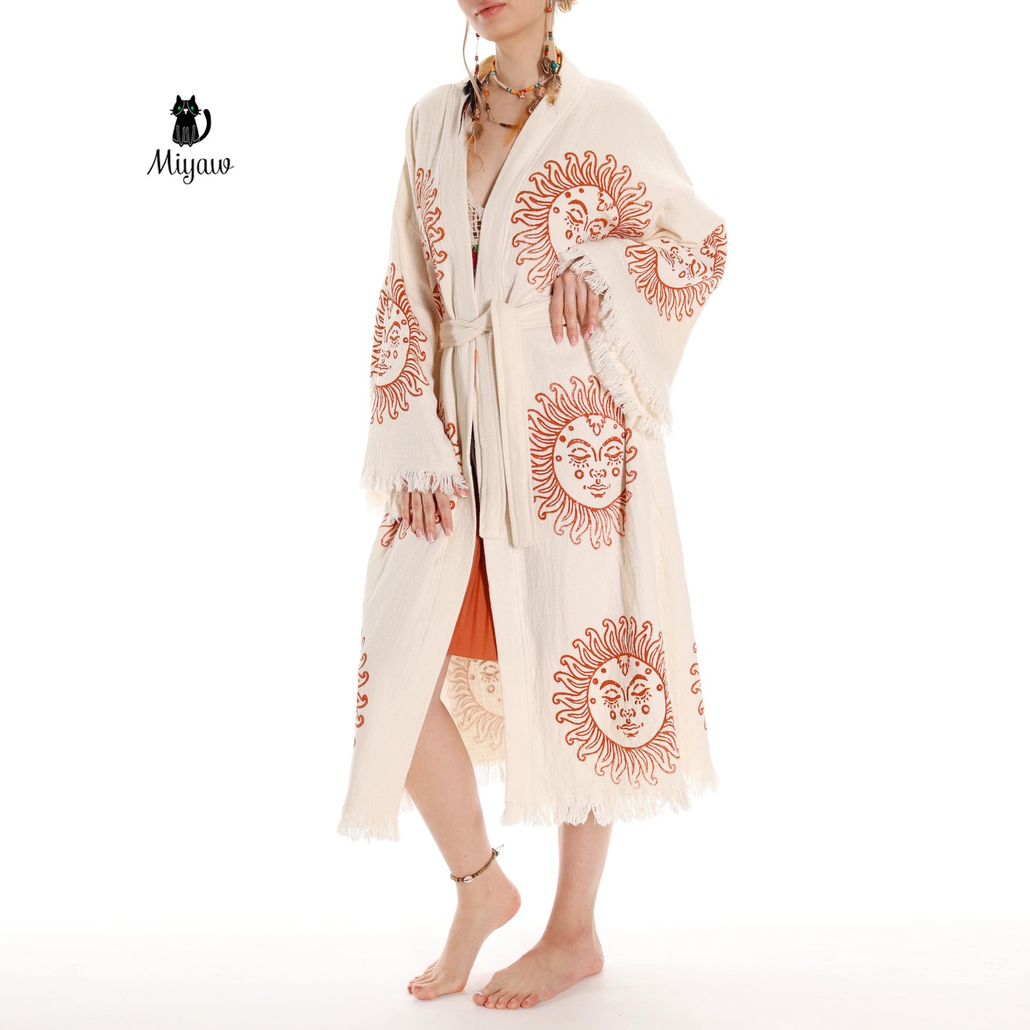 Unique Sun Stamped Robe: Eco-Friendly Organic Cotton Boho Kimono