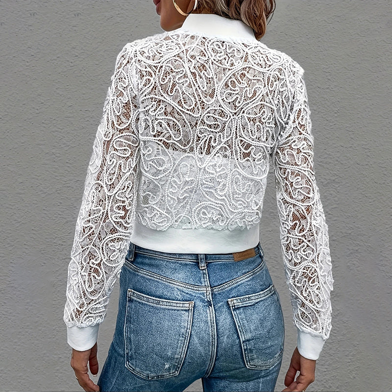 Women's Elegant Lace Short Zip-Up Long Sleeve Jacket Spring Fall Top