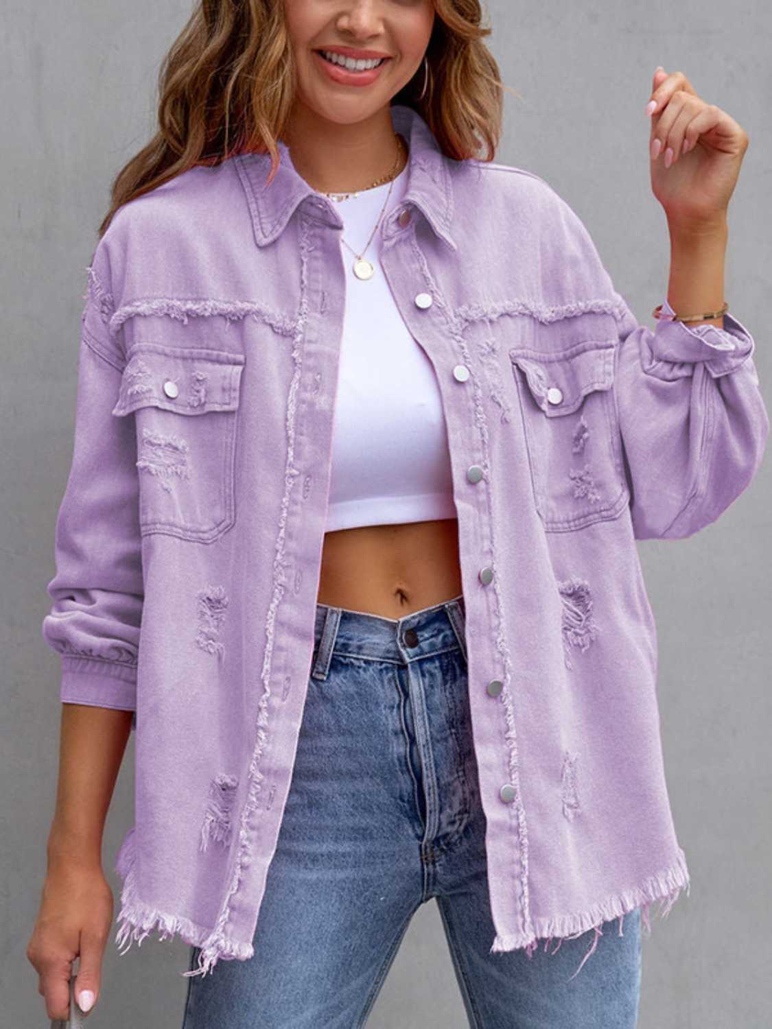 Distressed Drop Shoulder Denim Jacket - Concordia Style Boutique