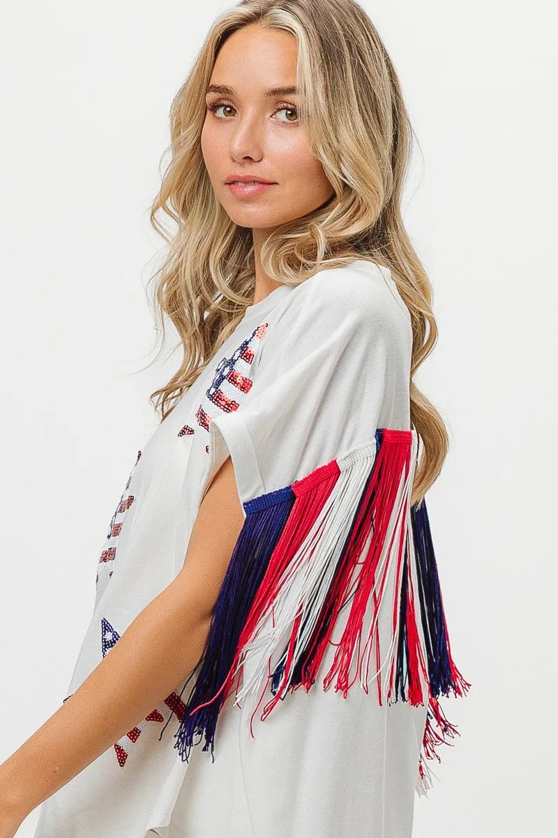 BiBi American Flag Sequin Star Fringe Top