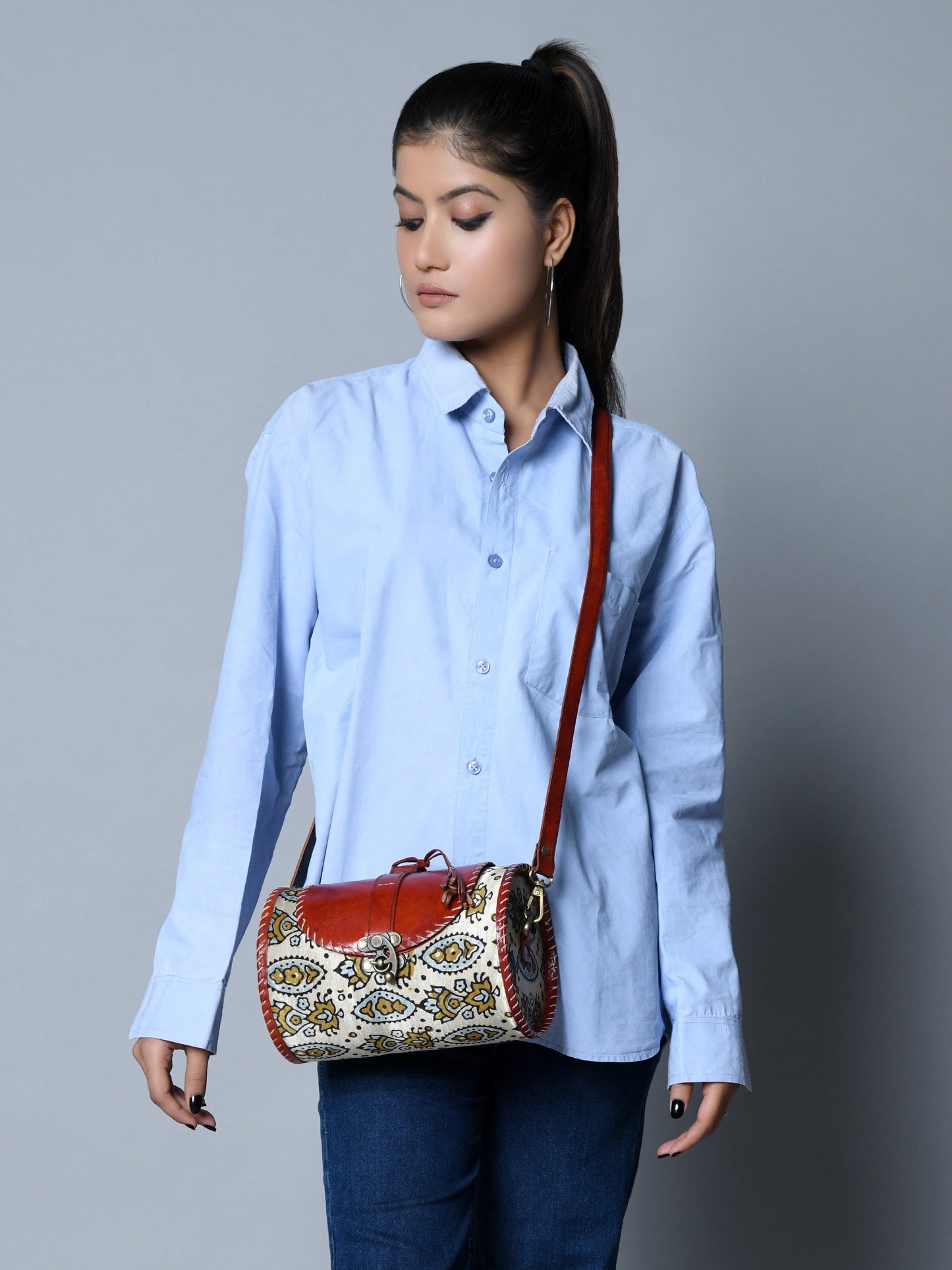Cylindrical Block Printed Leather Bag - Concordia Style Boutique
