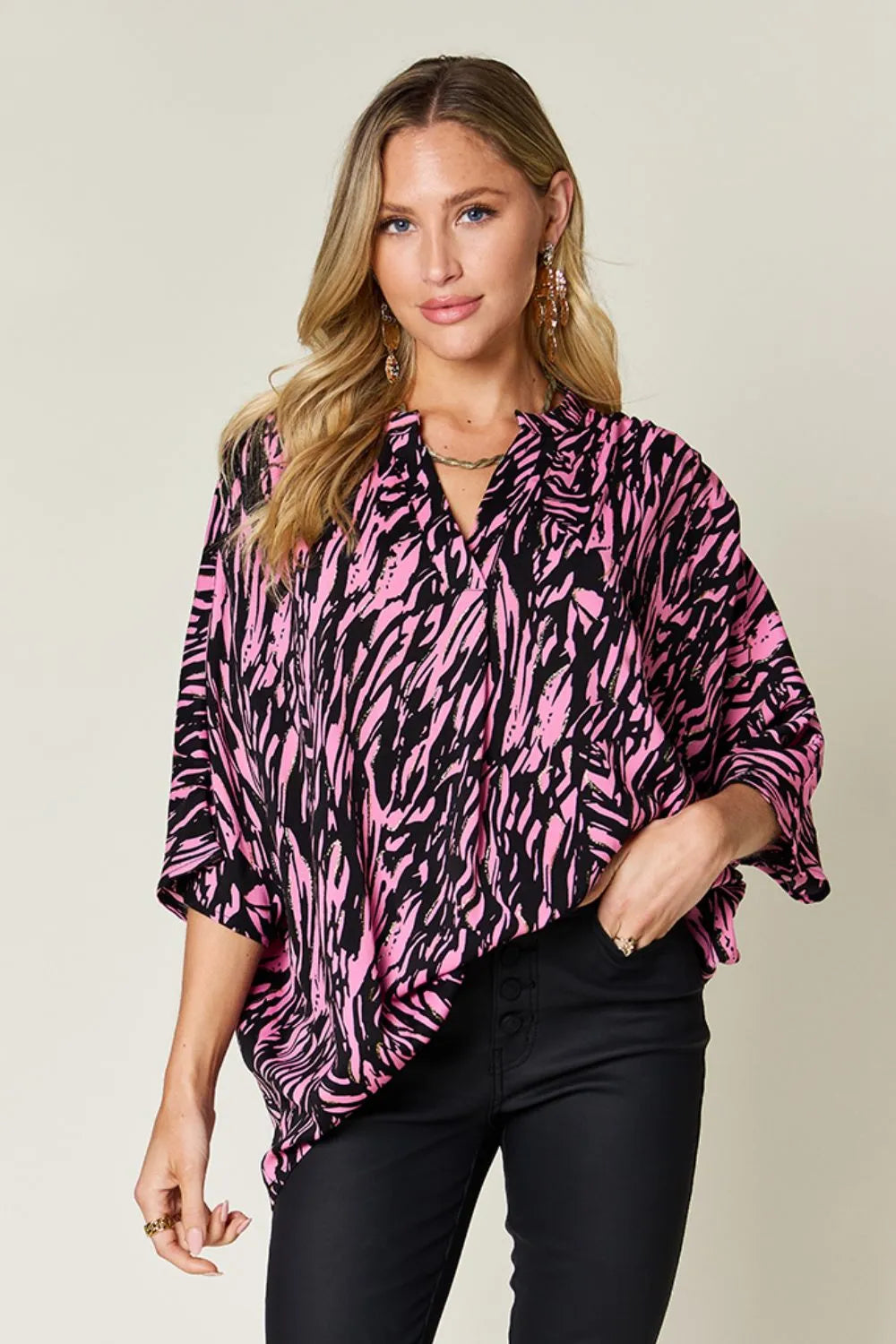 Double Take Full Size Printed Notched Three-Quarter Sleeve Blouse - Concordia Style Boutique