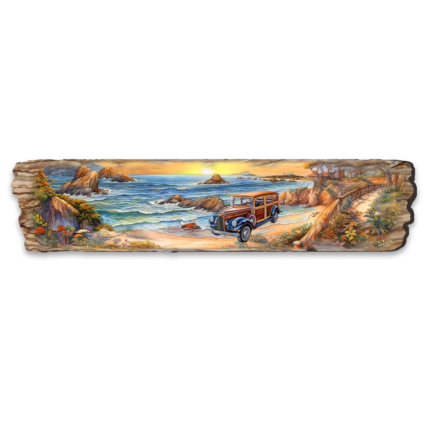 Retro Car on Beach Wooden Wall Art by G. DeBrekht Coastal Decor - 8491114W
