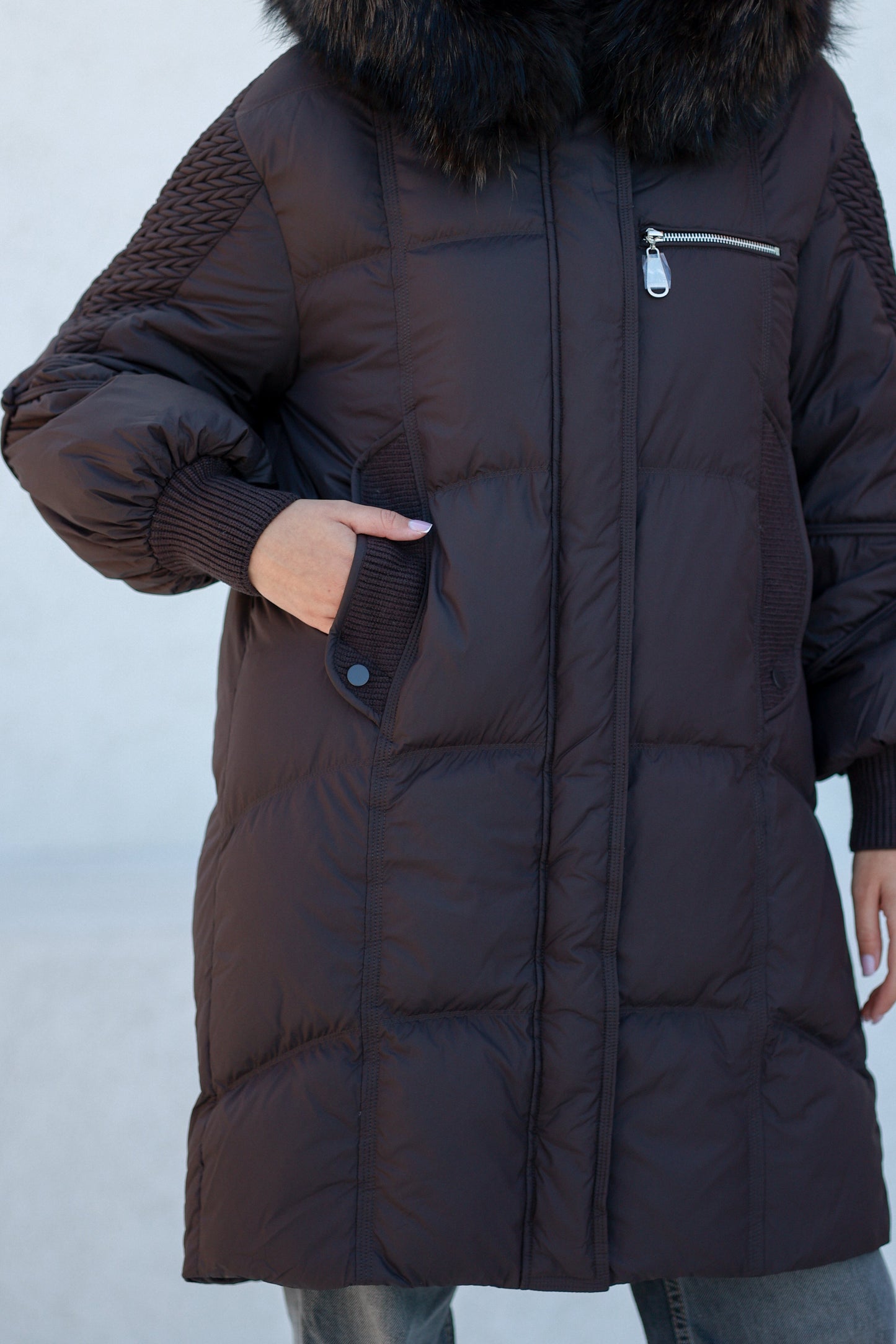 Dakota Genuine Fur Trim Down Fill Coat in Chocolate