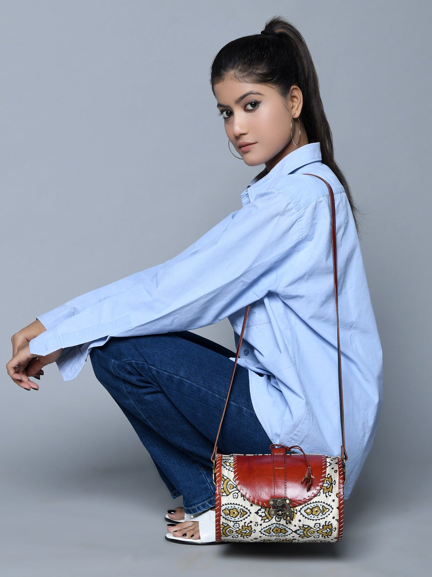 Cylindrical Block Printed Leather Bag - Concordia Style Boutique