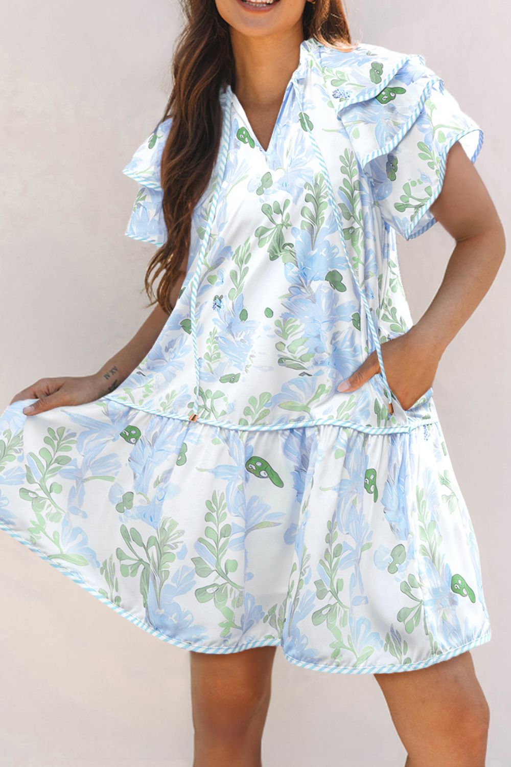 Floral Contrast Edge Layered Short Sleeve Mini Dress - Concordia Style Boutique