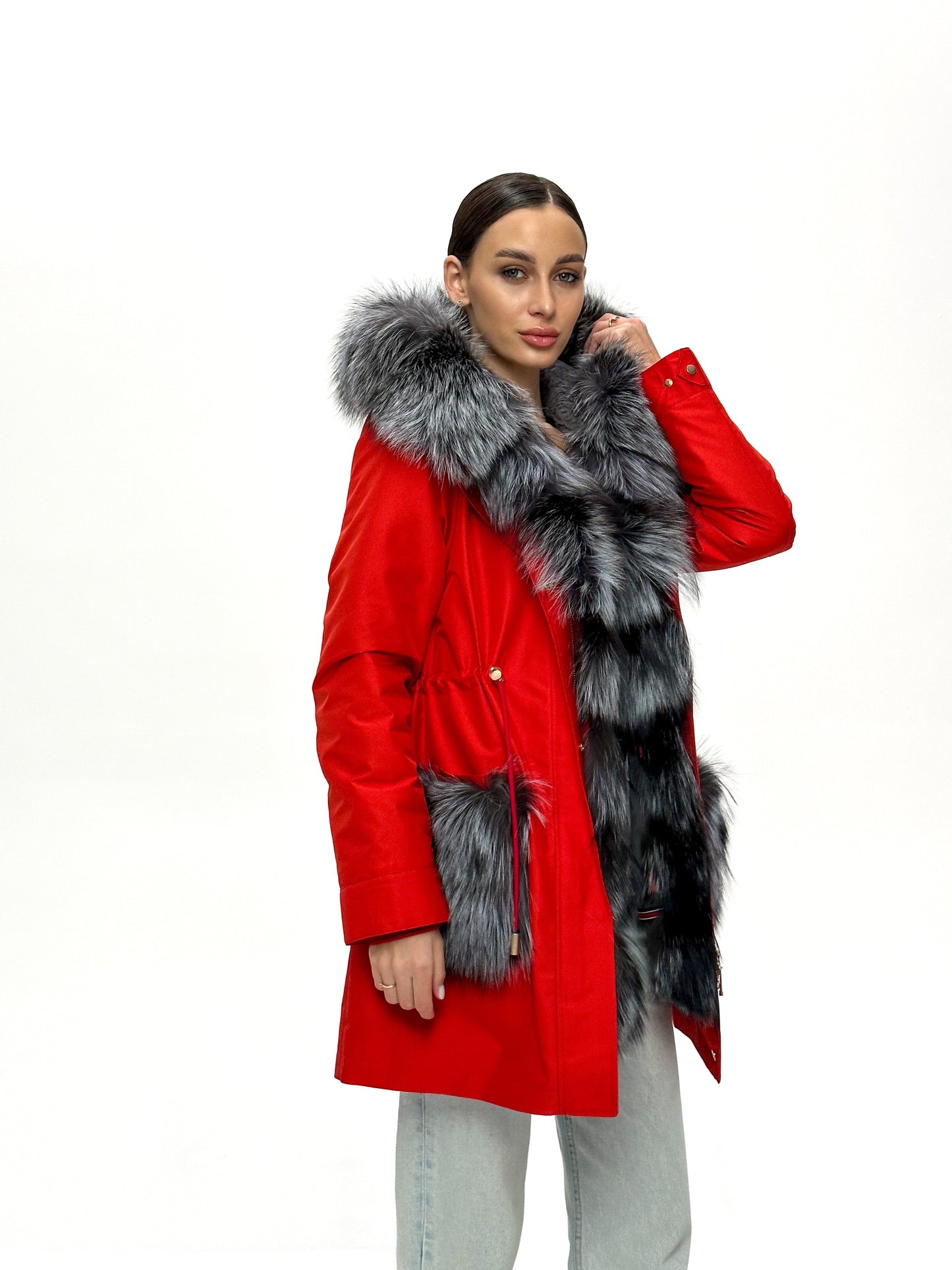 Roma Genuine Silver Fox Fur Rabbit Fur Insulated Parka in Red