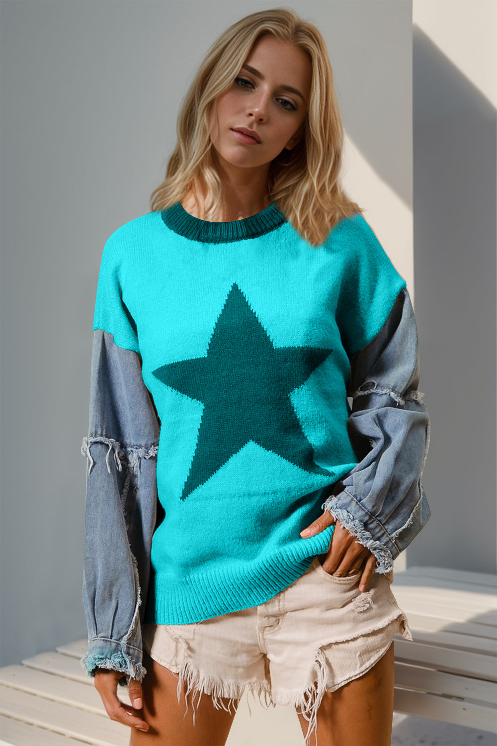 Double Take Full Size Star Pattern Raw Edge Long Sleeve Sweater - Concordia Style Boutique
