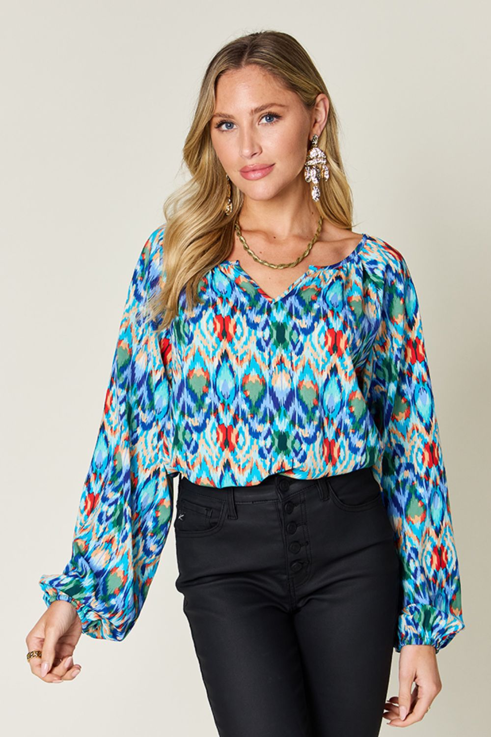Double Take Full Size Printed Balloon Sleeve Blouse - Concordia Style Boutique