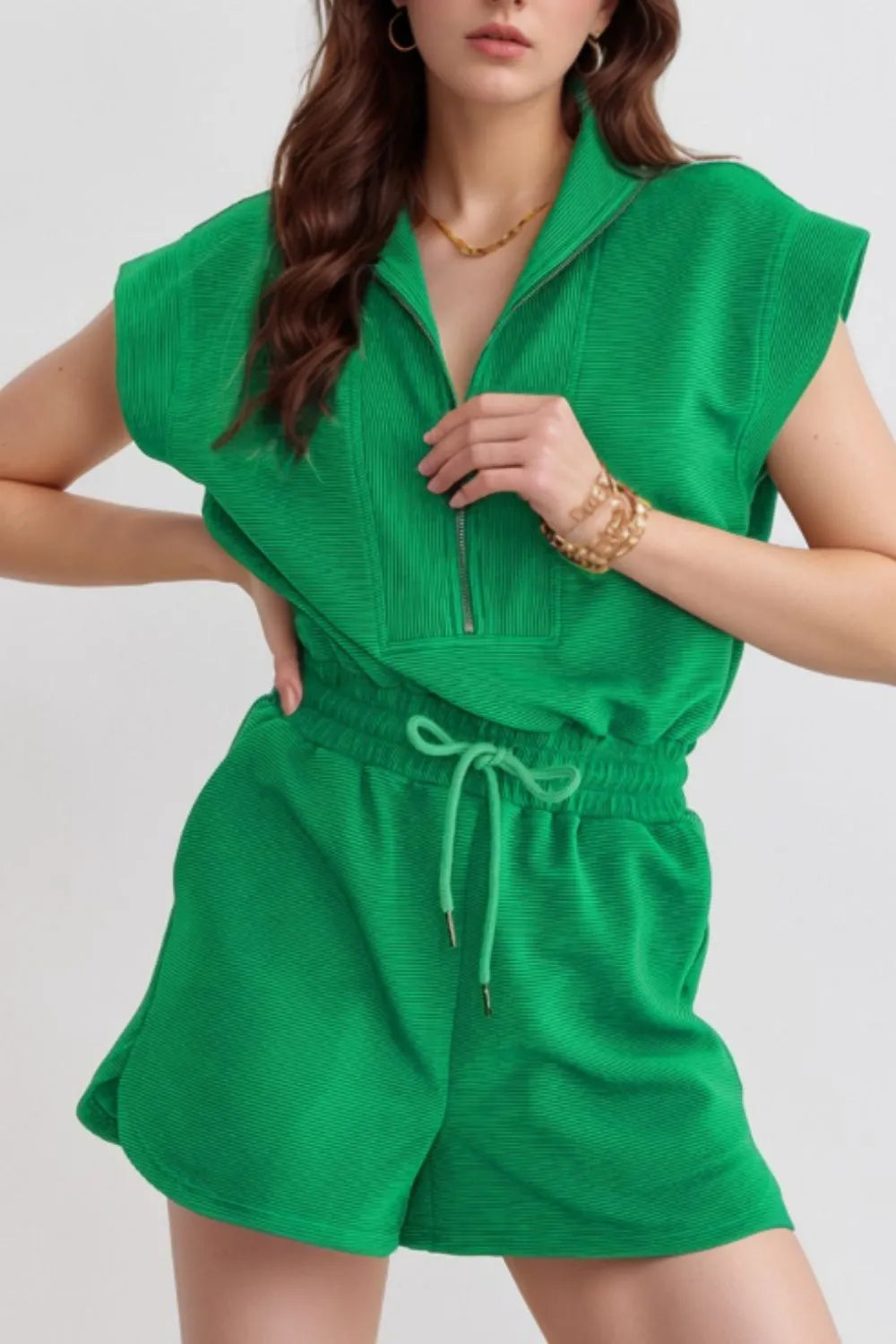Drawstring Waist Half Zip Romper - Concordia Style Boutique