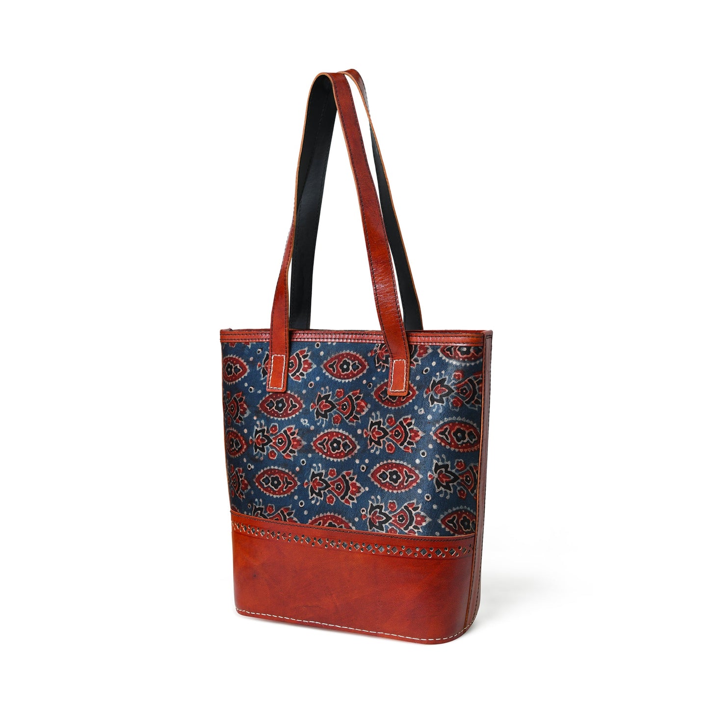 Neela Ajrakh Leather Tote Bag - Concordia Style Boutique