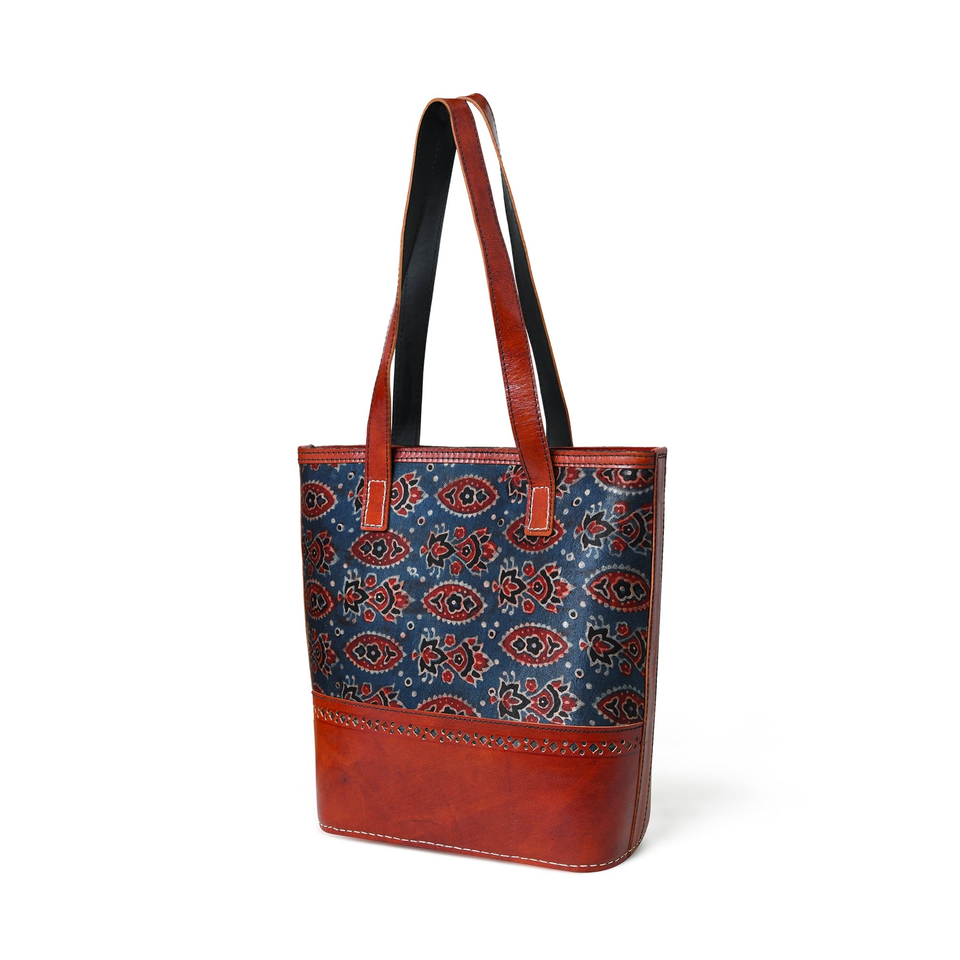 Neela Ajrakh Leather Tote Bag - Concordia Style Boutique