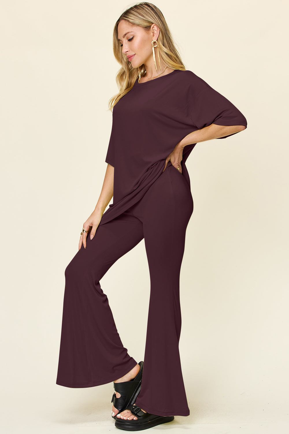 Double Take Full Size Round Neck Drop Shoulder T-Shirt and Flare Pants Set - Concordia Style Boutique