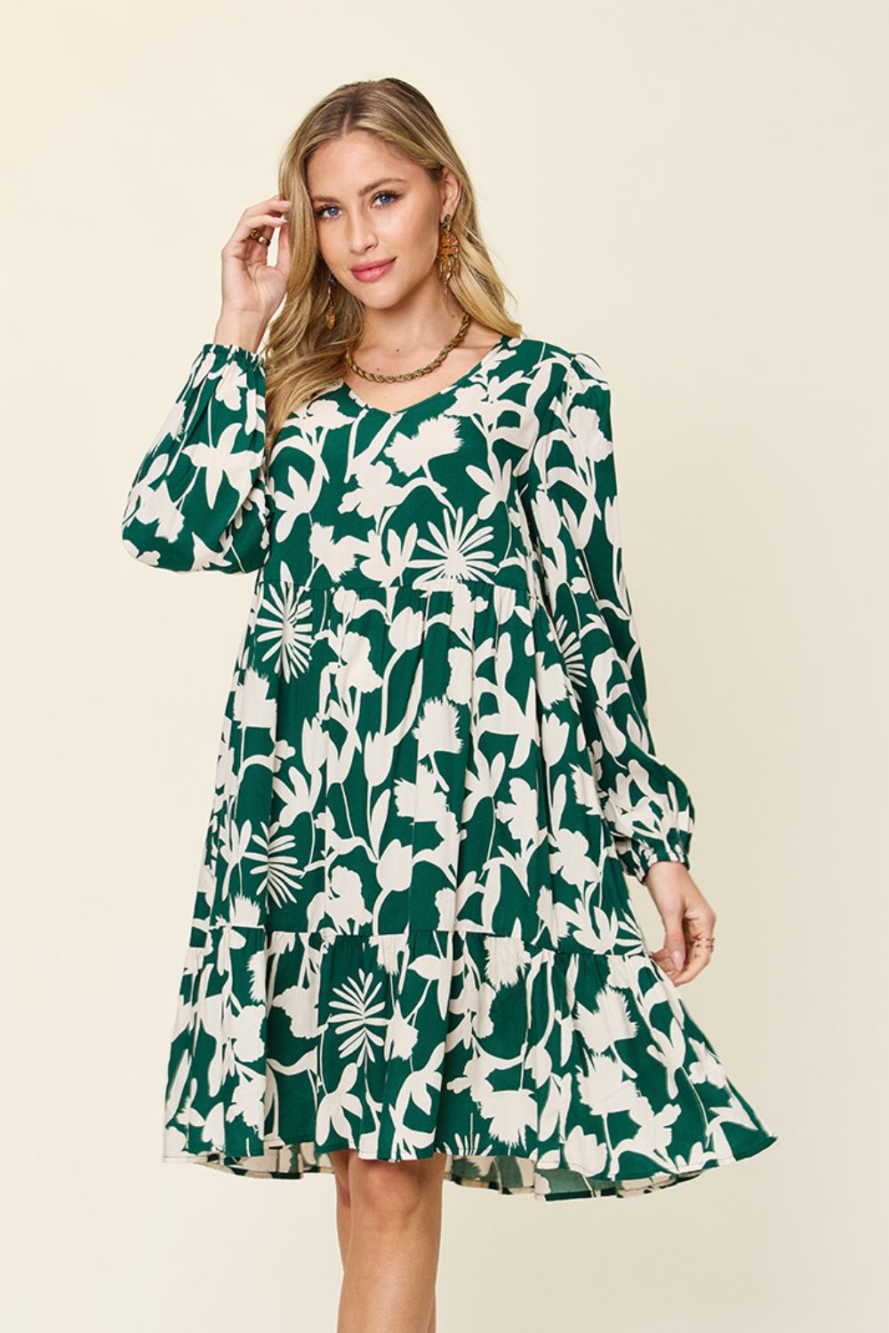 Double Take Full Size Printed Ruffle Hem Long Sleeve Dress - Concordia Style Boutique