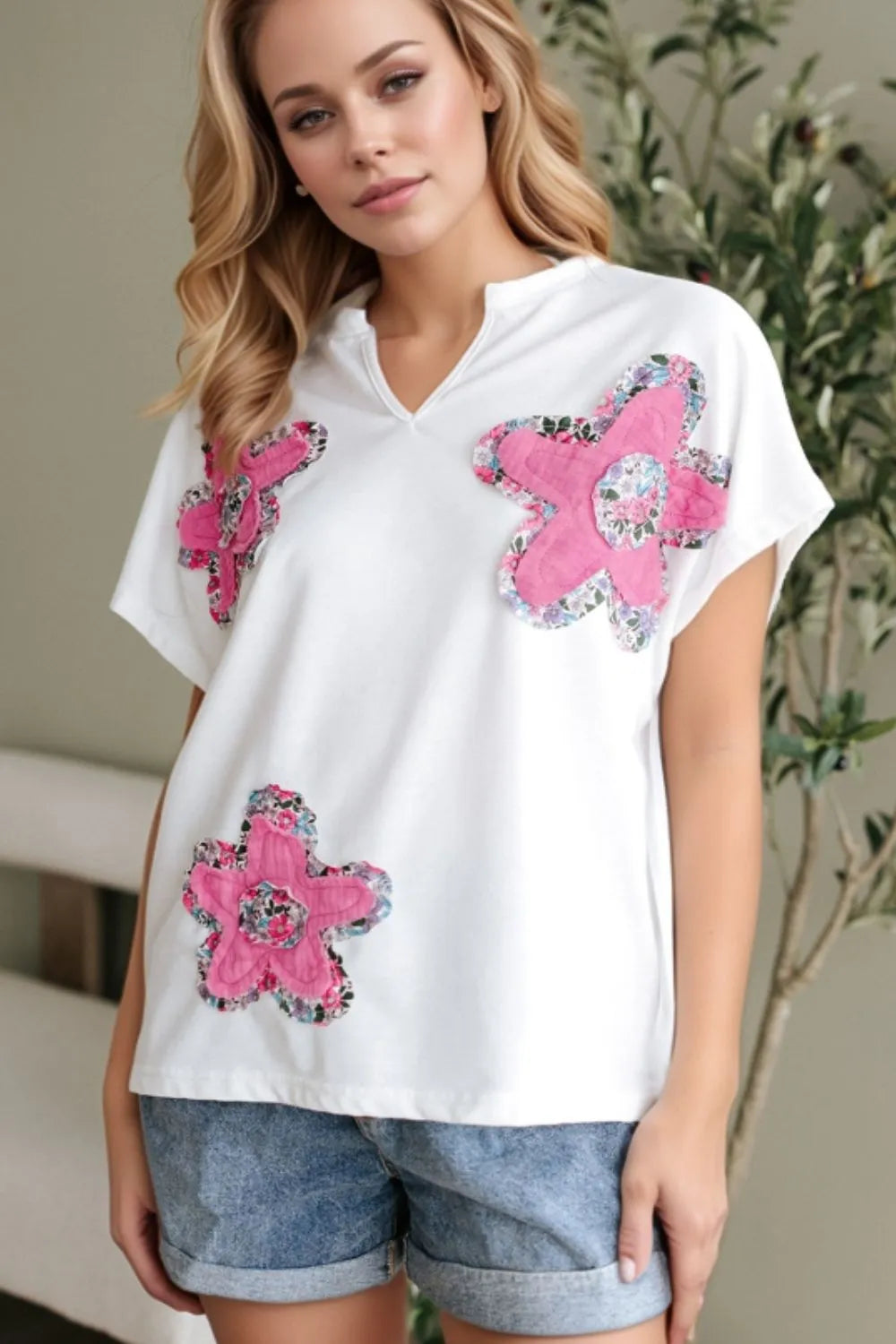 Floral Applique Notched Dolman Sleeve Top - Concordia Style Boutique