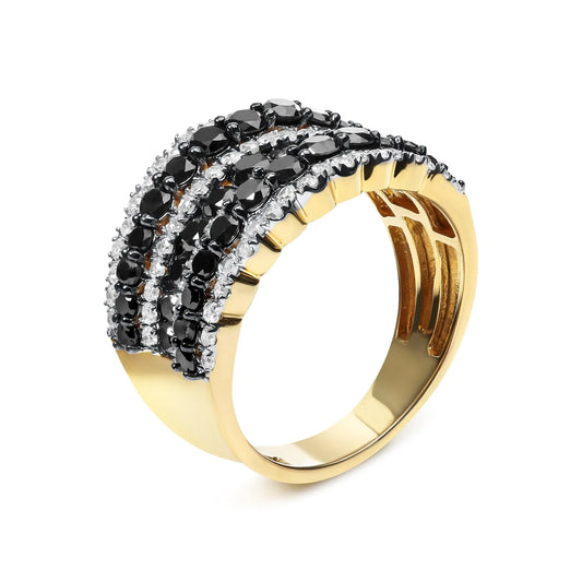 *2 Left* 14K Yellow Gold Plated .925 Sterling Silver 1 3/4 Cttw Treated Black and White Alternating Diamond Multi Row Band Ring (Black / I-J Color, I2-I3 Clarity) - Concordia Style Boutique