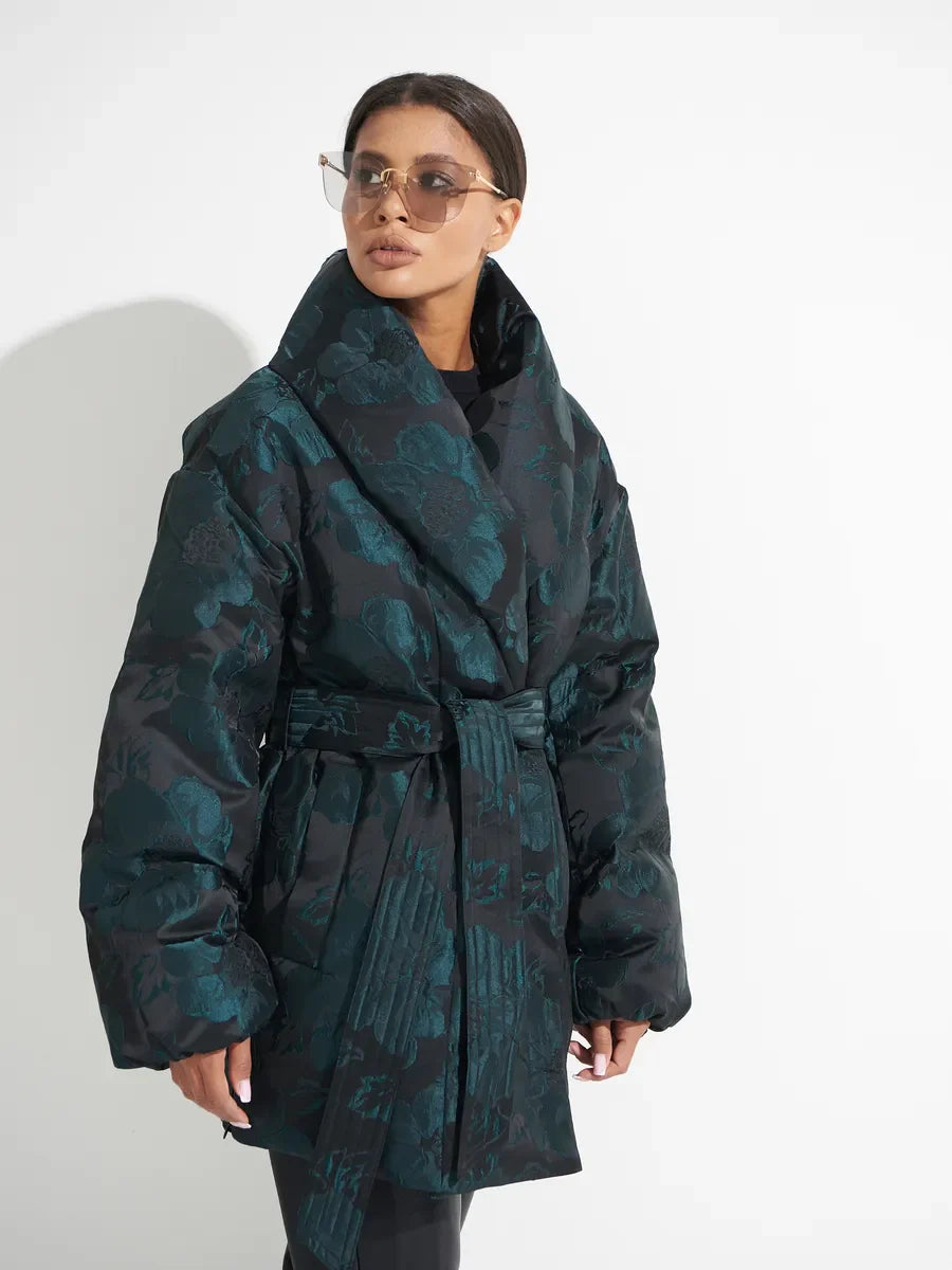 Monochrome Jacquard Down Coat in Vintage Emerald