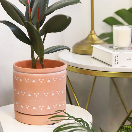 6 inch Cylinder Terracotta Clay Geometric Triangle Pattern Planter