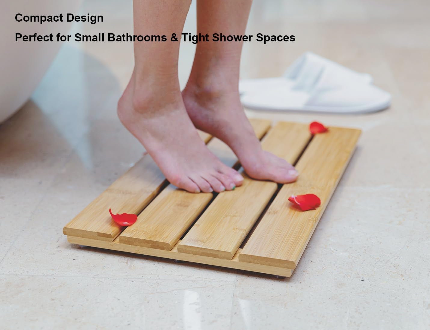 Compact Bamboo Bath Mat – Non-Slip, Quick Dry Wooden Shower Floor Mat for Small Bathrooms, RVs, and Tight Spaces, Easy to Clean, 15.8" X 10.2"
