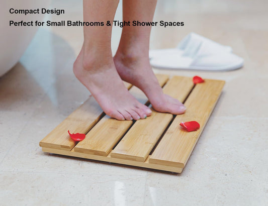 Compact Bamboo Bath Mat – Non-Slip, Quick Dry Wooden Shower Floor Mat for Small Bathrooms, RVs, and Tight Spaces, Easy to Clean, 15.8" X 10.2"