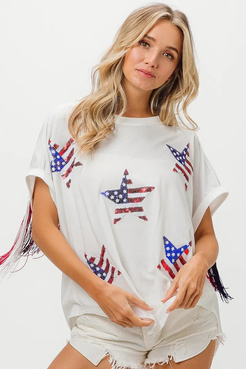 BiBi American Flag Sequin Star Fringe Top