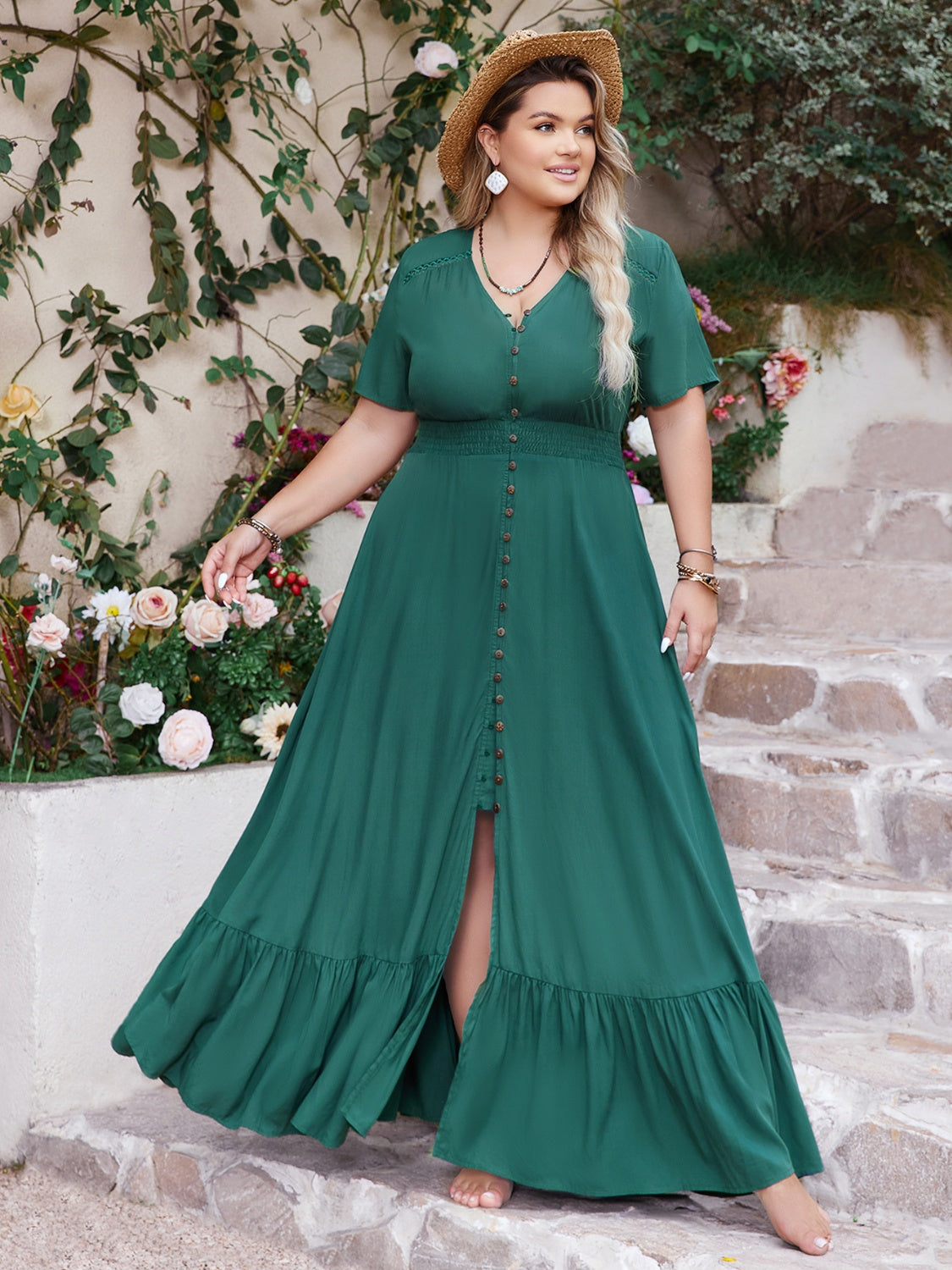 Button Detail V-Neck Short Sleeve Maxi Dress - Concordia Style Boutique