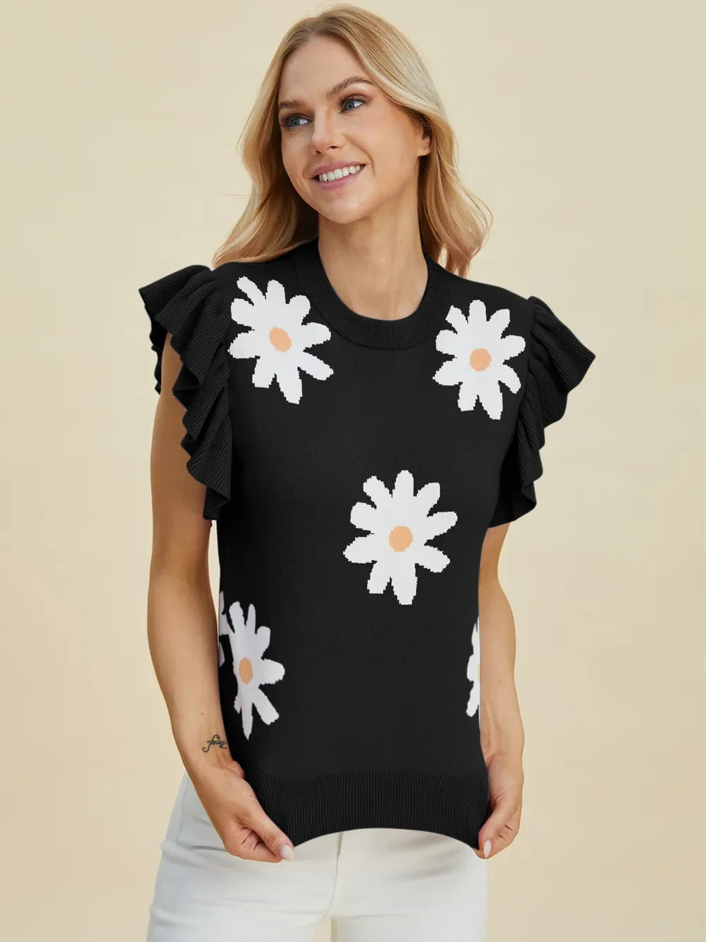 Double Take Full Size Ruffled Flower Round Neck Cap Sleeve Sweater - Concordia Style Boutique