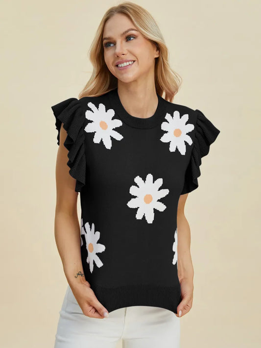 Double Take Full Size Ruffled Flower Round Neck Cap Sleeve Sweater - Concordia Style Boutique