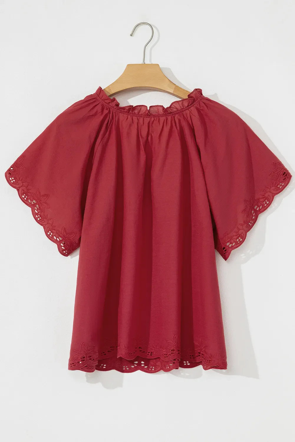 Floral Embroidered Scallop Trim Short Sleeve Notched Blouse - Concordia Style Boutique