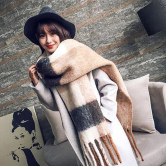 Tartan fringed long warm scarf
