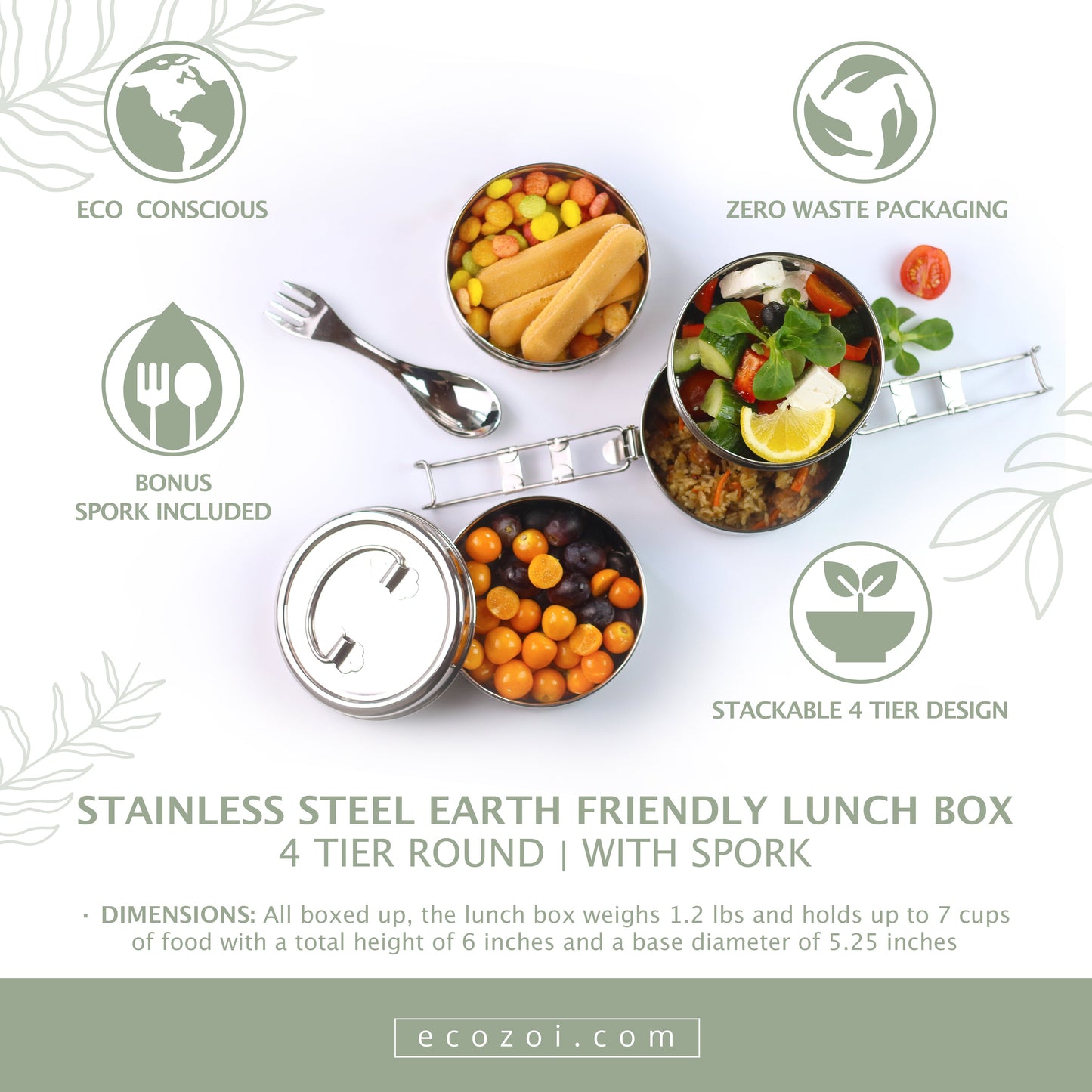 Stainless Steel Lunch Box, 4 Tier Round with Spork, 55 Oz - Concordia Style Boutique