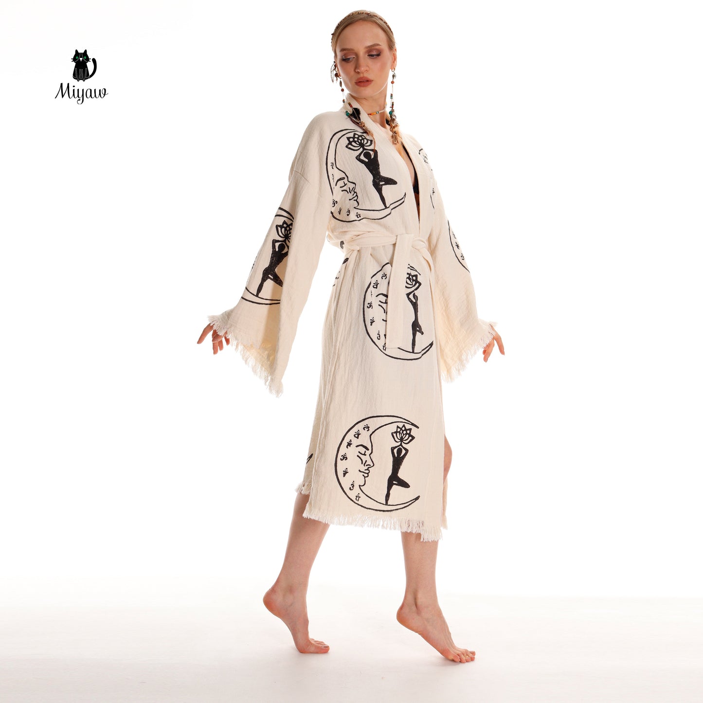 Boho Cotton Kimono Robe – Yoga Girl & Moon Stamp, Organic Loungewear