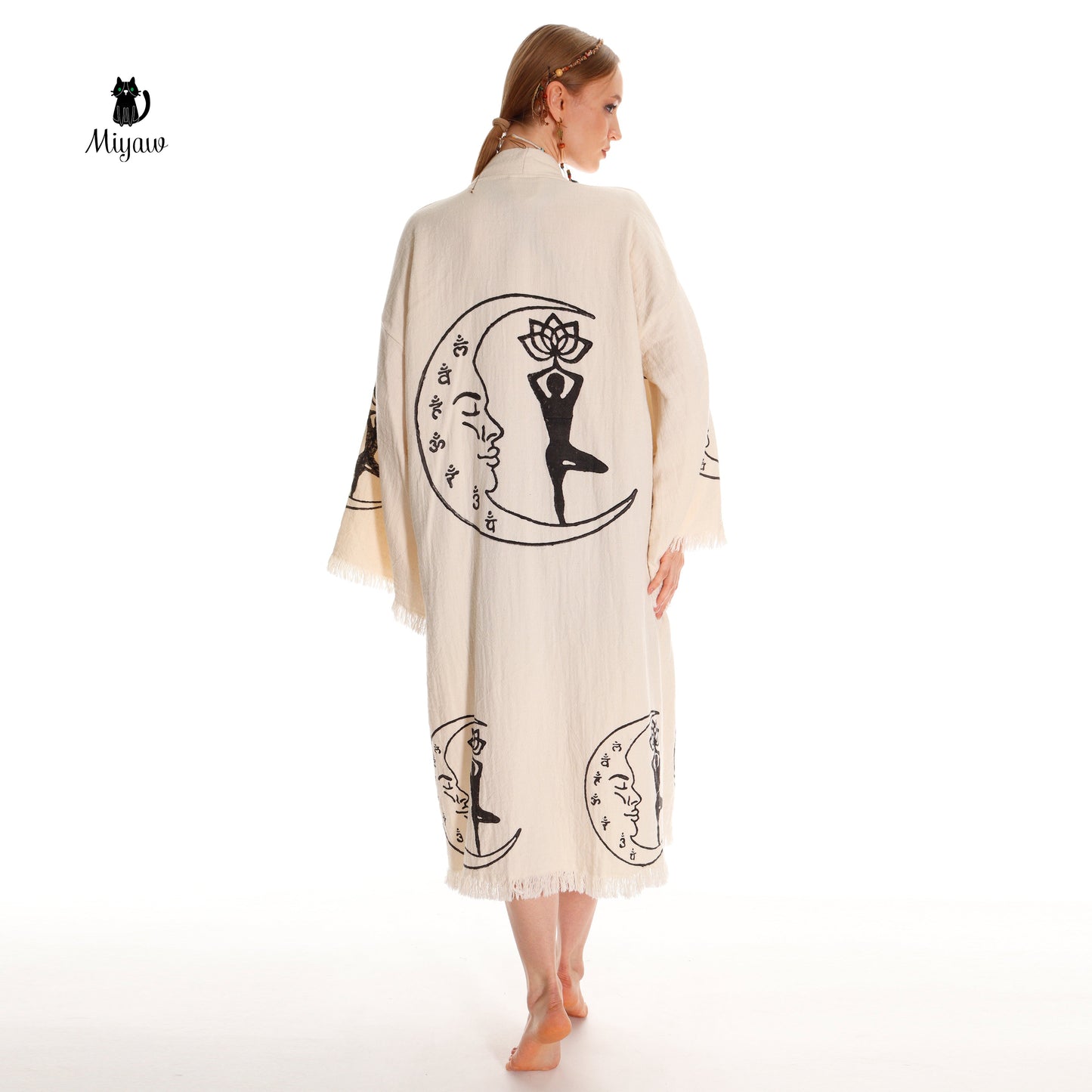 Boho Cotton Kimono Robe – Yoga Girl & Moon Stamp, Organic Loungewear